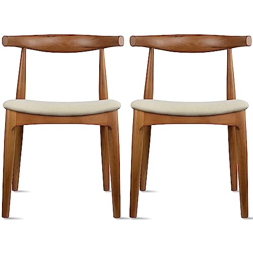 2xhome Set of 2 Contemporary Farmhouse Real Solid Wood Cushion Seat Dining Chairs Elbow Side Chair (Espresso-Beige Seat)