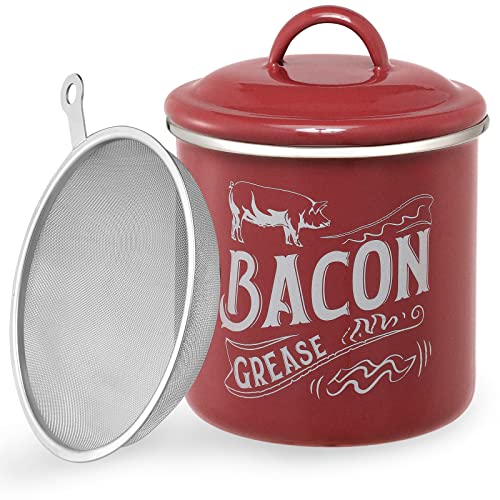 46OZ Bacon Grease Saver Container with Fine Strainer & Lid - Enamel & Stainless Steel Oil Keeper Can for Bacon Fat Dripping - Farmhouse Kitchen Gift & Decor, Cooking Accessories - Dishwasher Safe, Red