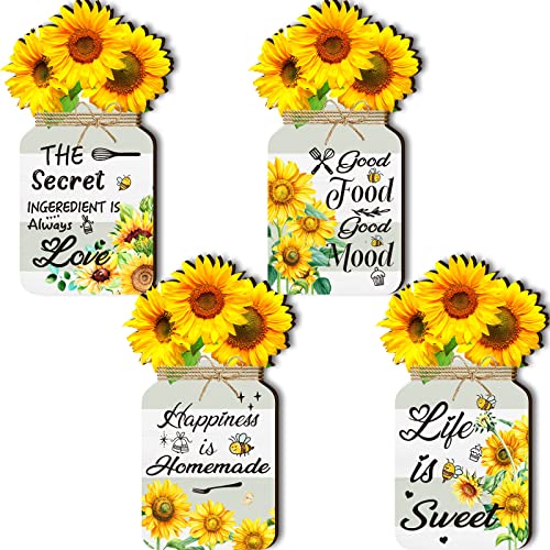 4 Pcs Sunflower Kitchen Wall Decor Mason Jar Set Wooden Rustic Home Decor Inspirational Kitchen Decor Farmhouse Kitchen Signs Wall Decor Hanging Mason Jar Wall Decor for Outdoor Home Decor