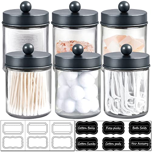 6 Pack Apothecary Jars Bathroom Vanity Organizer- Rustic Farmhouse Decor Storage Canister with Stainless Steel Lids- Qtip Dispenser Holder for Q-Tips,Cotton Swabs,Rounds,Ball,Flossers (Grey)