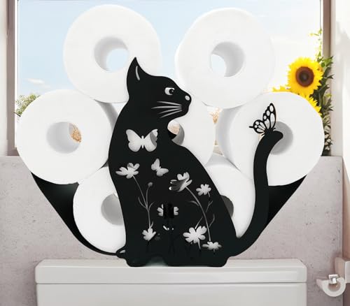 Adorable Cat-Themed Toilet Paper Holder Stand, Metal Black Farmhouse-Inspired Extra Rolls Storage, Capable of Storing 8 Rolls, Perfect for Bathroom Decor and Organization