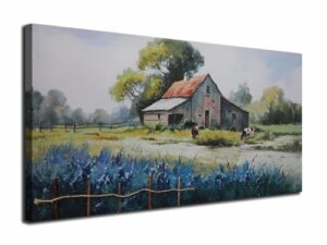 Ardemy Farmhouse Canvas Wall Art Farm Cow Landscape Picture Modern Village Nature Painting Artwork, Vintage Green Blue Large Size 40"x20" Framed for Living Room Bedroom Bathroom Home Office Wall Decor