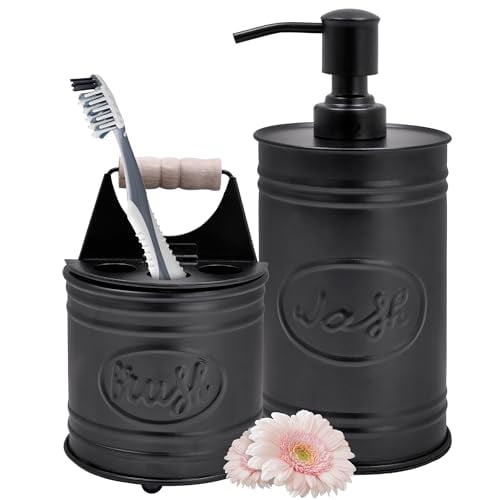 Autumn Alley Rustic Bathroom Accessories Set - Farmhouse Bathroom Soap Dispenser and Toothbrush Holder Set - Western Bathroom Accessories, Farmhouse Decor for Bathroom Countertop, Galvanized Black