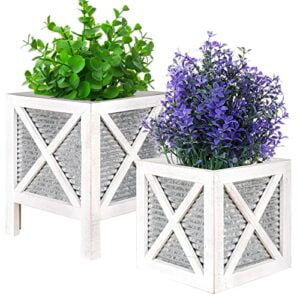 Autumn Alley Rustic Farmhouse Planter Stand with Galvanized Corrrugated Metal – Rustic Planters for Indoor Plants – White Square Planter Box on Legs – Charming Farmhouse Decor