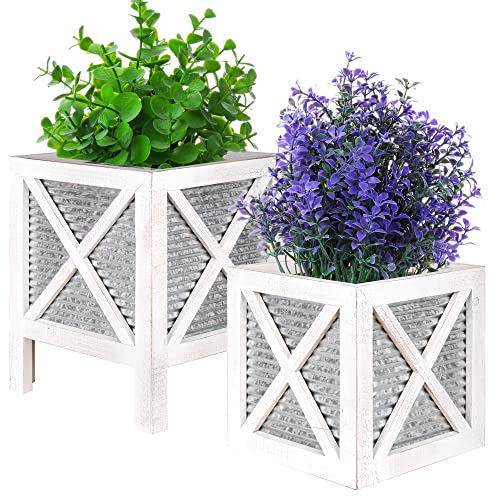 Autumn Alley Rustic Farmhouse Planter Stand with Galvanized Corrrugated Metal – Rustic Planters for Indoor Plants – White Square Planter Box on Legs – Charming Farmhouse Decor