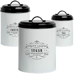 Baie Maison Large Kitchen Canisters Set of 3 - Farmhouse Canister Sets for Kitchen Counter White - Coffee Tea Sugar Container Set - Rustic Kitchen Canisters Farmhouse Style Decor - Metal Kitchen Jars