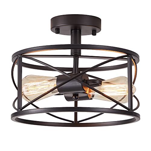 Black Semi Flush Ceiling Light Fixture, 2-Light Farmhouse Flush Mount Light Fixtures, Modern Industrial Metal Cage Pendant Lighting for Hallway, Bedroom, Kitchen, Foyer, Living Room, Dining Room