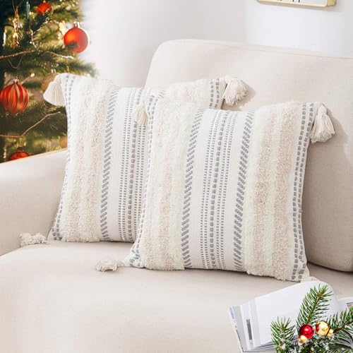 decorUhome Decorative Boho Throw Pillow Covers 18x18 Set of 2, Accent Neutral Tufted Pillow Covers for Couch Bed Sofa Living Room, Textured Striped Woven Pillow Covers, Beige and Cream White