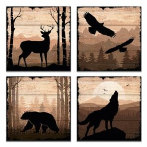 DIMARONGTON Wild Animal Canvas - Rustic Cabin Decor Wildlife Wall Art - 12x12 Deer Wolf Eagle Bear Canvas Wall Art - Woodland Wall Art - Cabin Wall Art 4 Pack