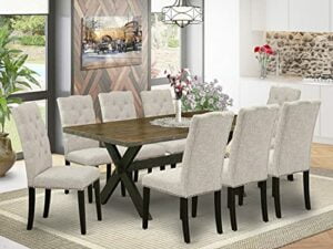 East West Furniture X677EL635-9 9-Piece Dining Set - Dinner Table Rectangular Top - 8 Beautiful Dining Chairs Padded Seat and Back (Distressed Espresso & Wire Brushed Black Finish)