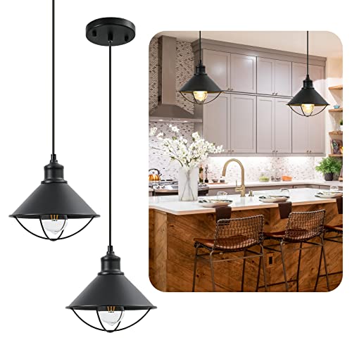 FALBAWR Farmhouse Pendant Light 2-Pack, Vintage Hanging Lights Fixture, Industrial Farmhouse Lighting for Kitchen Island, Black Hanging Barn Lamp with E26 Base for Kitchen, Dining, Bedroom