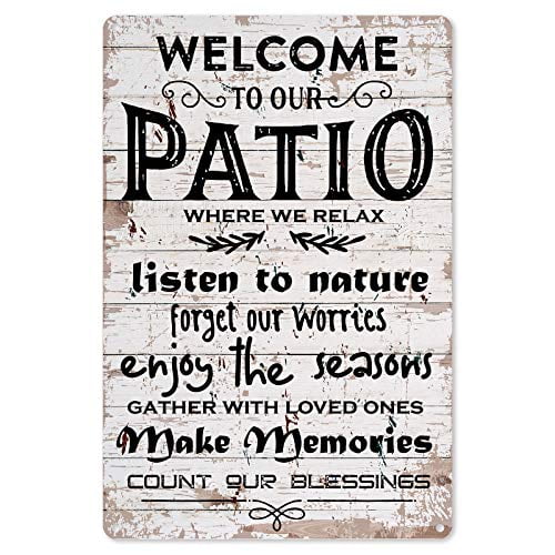 FORBIDDEN PAPER Funny Patio Metal Tin Sign Wall Decor - Vintage Welcome To Our Patio Metal Tin Sign for Home Wall Decor Gifts - Retro Farmhouse Signs Outdoor Decor Gift for Women Men Friends - 8x12 Inch