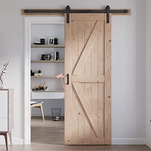 FREDBECK 30in x 84in Sliding Barn Door with 5FT Barn Door Hardware Kit Included Wood K Shape Solid Natural Spruce Panel Need to Assembly