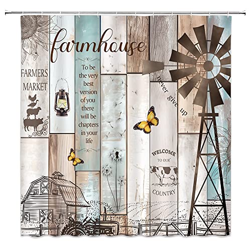 GIXKOXE Rustic Farmhouse Shower Curtain Windmill Cow Farm Animal Colorful Wooden Inspirational Quotes Barn Door Western Country Bathroom Decor Curtain Polyester with Hooks