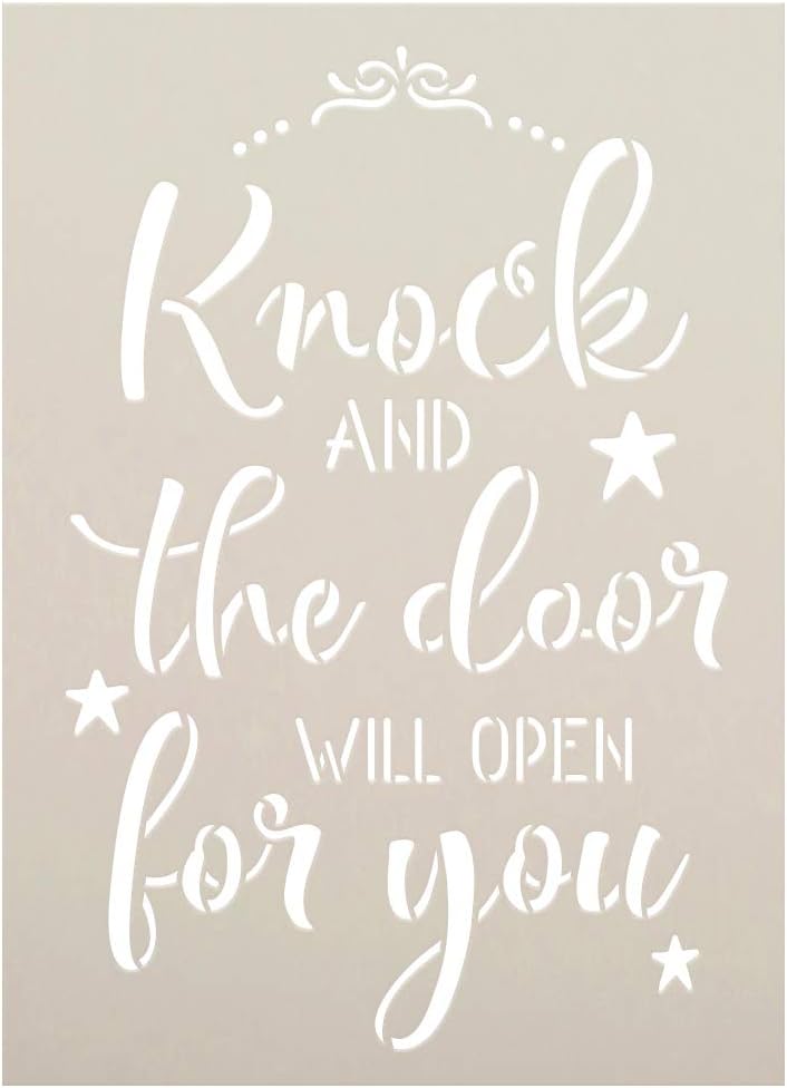 Knock and The Door Will Open for You Stencil with Stars by StudioR12 | DIY Inspirational Faith Farmhouse Home Decor | Select Size (9 x 6.5 inch)