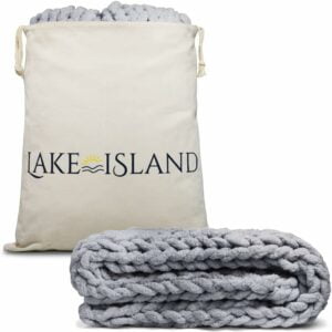 Lake Island Chunky Knit Throw Blanket - NO Shedding 50x60 Inch - Luxury Chenille Adds Warmth - Soft and Cozy for Bed, Sofa or Chair - Plush Boho Farmhouse Decor Light Gray