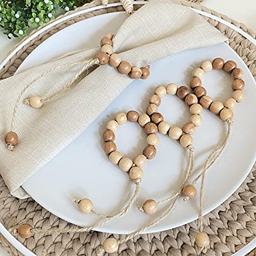 LEBEJUA Handmade Napkin Ring with Wood Beads & Jute Twine - Affordable Rustic Wooden Napkin Ring Holder for Table Decoration | Boho Style Farmhouse Napkin Rings | Napkin Rings Set of 6