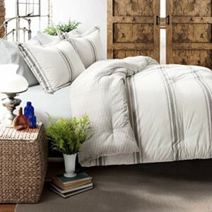 Lush Decor Farmhouse Stripe 3 Piece Reversible Comforter Bedding Set, King, Gray