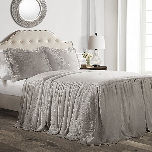 Lush Decor Ruffle Skirt Bedspread Vintage Chic Farmhouse Style Lightweight 3 Piece Set, King, Grey