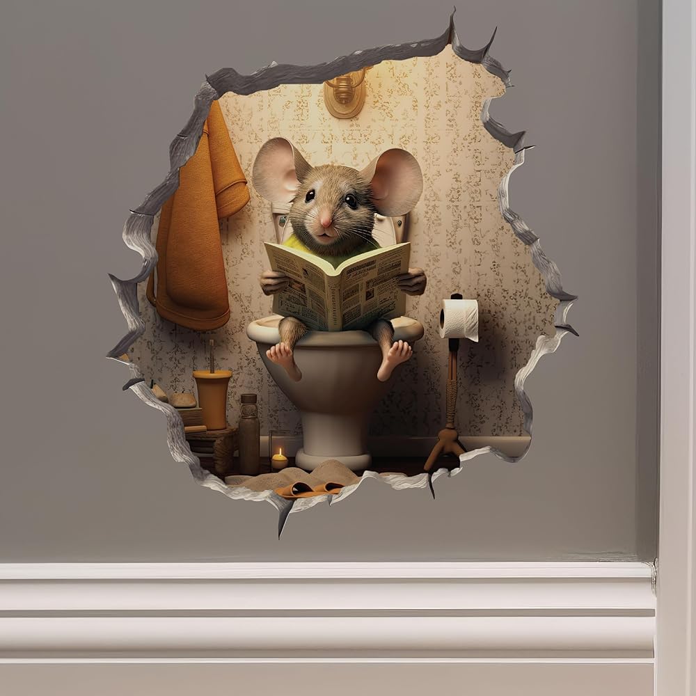 Mouse Sitting on Toilet in Mouse Hole Decal - Mouse Hole 3D Wall Sticker