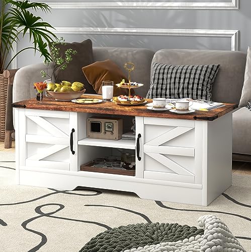 oneinmil Coffee Table with Barn Doors, Farmhouse Center Table with Storage, Modern Rustic Style Wooden Living Room Table, White