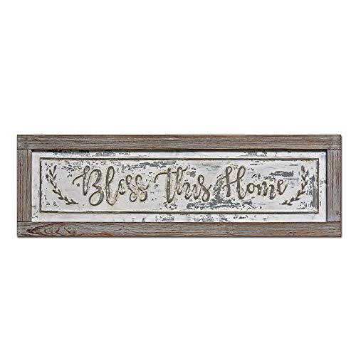 PrideCreation - 36x11 inch Bless This Home Rustic Wood Framed Metal Sign Wall Decor Art, Inset Embossed Wood and Metal Farmhouse Sign Decor, Vintage Decorative Sign, Distressed Grey/White