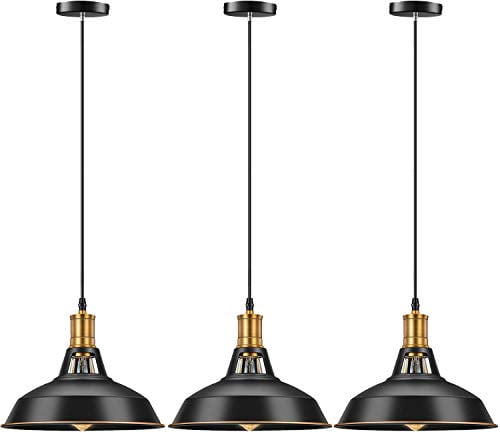 Pynsseu Farmhouse Style Industrial Pendant Light, Vintage Barn Hanging Pendant Lighting, Modern Pendant Lamp Fixture 3 Pack, Oil Rubbed Black Finish