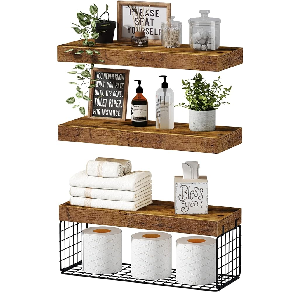 QEEIG Over Toilet Bathroom Shelves - Rustic Brown