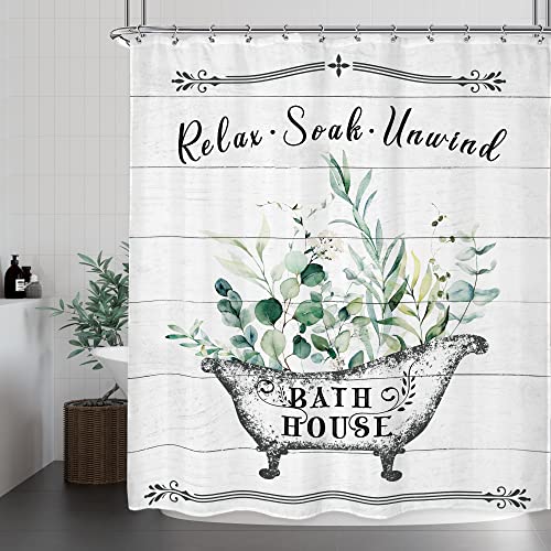 Riyidecor Vintage Bathroom Rules Shower Curtain 72Wx72H Inch Rustic Farmhouse Wooden Board Green Leaves Inspirational Quote Waterproof Polyester Fabric Bathroom Bathtub Decor 12 Pack Plastic Hooks