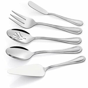 Serving Utensils, HaWare Stainless Steel Silverware Serving Set 5 Pieces, Pearled Edge Hostess Serving Set for Buffet Party Kitchen Restaurant, Mirror Finished & Dishwasher Safe