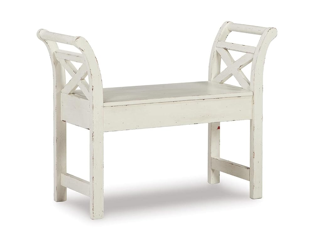 Signature Design by Ashley Heron Ridge Distressed Accent Bench with Storage, Antique White