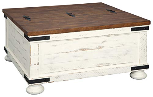 Signature Design by Ashley Wystfield Farmhouse Square Storage Coffee Table with Hinged Lift Top, Distressed White