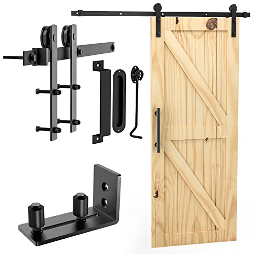 Signstek 6.6FT Sliding Barn Door Hardware Kit Heavy Duty with Door Hook, Adjustable Floor Guide and 2 Handles -Easy to Install, Smoothly and Quietly, Fit 1 3/8-1 3/4" Thickness -Black, I Shape Hanger