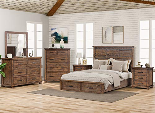 SOFTSEA Farmhouse 6-Piece Bedroom Furniture Sets, Wood Queen Bedroom Furniture Set Include Solid Pine Wood Storage Bed, 2 Nightstands, 6-Drawer Dresser and 5-Drawer Chest and Mirror