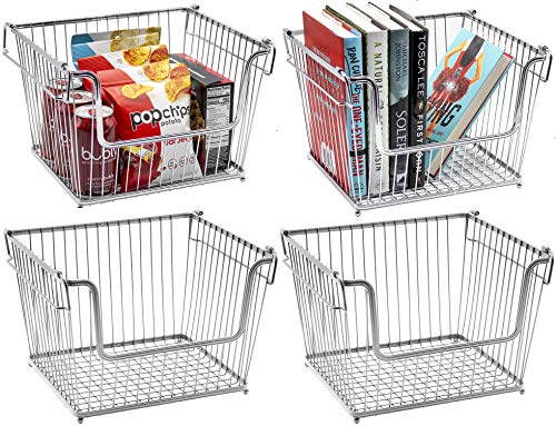 Sorbus Farmhouse Scoop Storage Bin Wire Baskets with Handles, Stackable Basket Set Organizers for Home-Kitchen Pantry-Bathroom, Laundry, Closet Organization, Iron Metal (4-Pack, Silver)