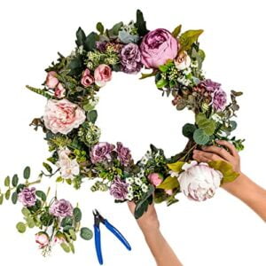 Spring Summer Fall Wreath Garland Create DIY Build Hanging Door Decoration Design kit Grapevine Base Flowers and Leaves Craft Supplies Accessories for Party with Family and Friends, Green and Pink