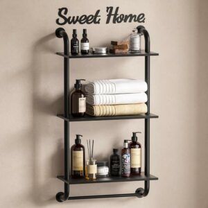 Tinpin Bathroom Shelves Wall Mounted, Rustic Farmhouse Pipe Shelves, Wall Shelves 3-Tier, Industrial Pipe Shelving, Floating Shelf Wall Decor for Bathroom, Kitchen, Bedroom, Living Room 17.3in Black