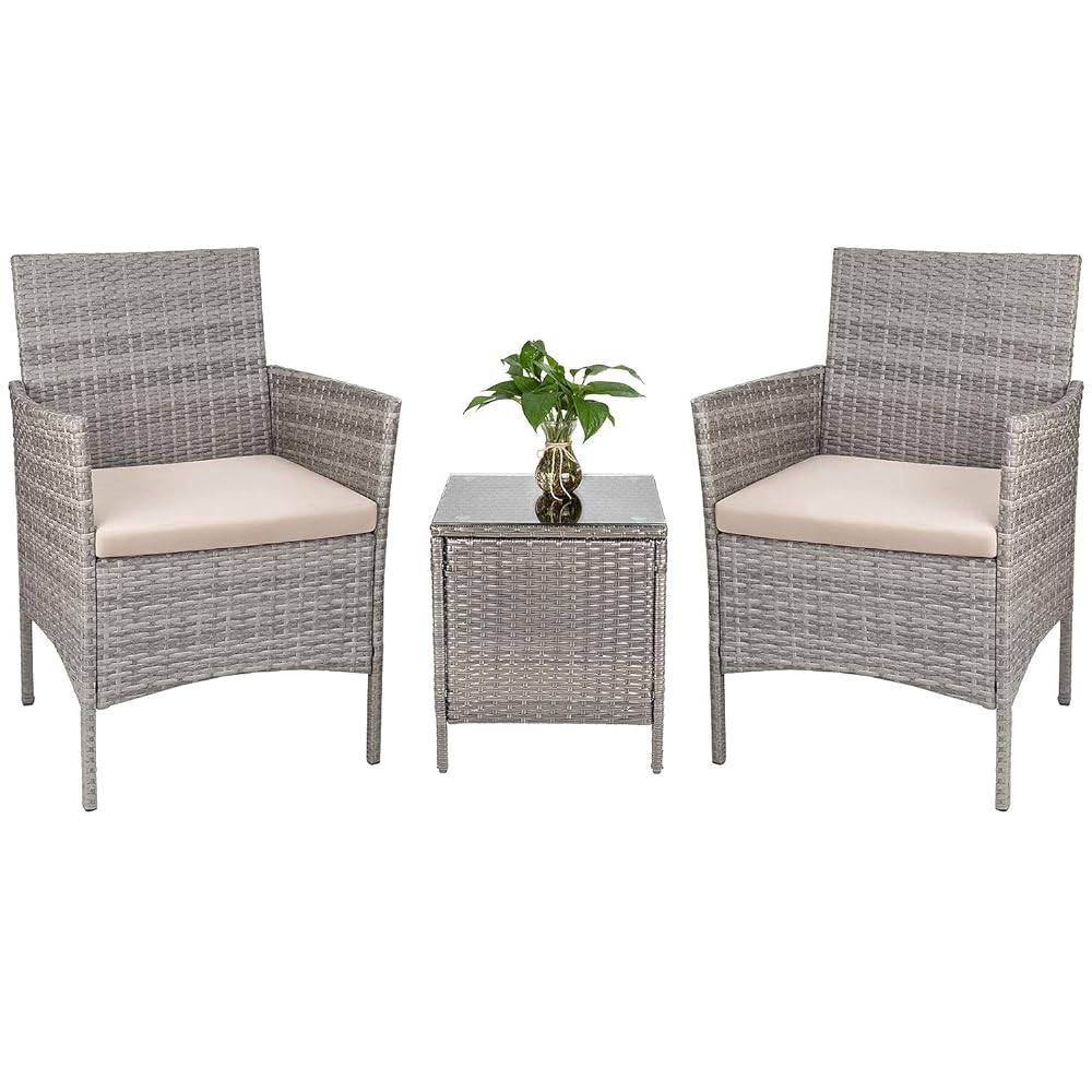 Tuoze 3 Pieces Furniture Rattan Outdoor Conversation Patio Set with Table Chairs Backyard Porch Decor, Grey