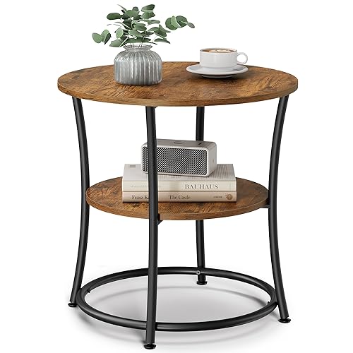 VASAGLE Side Table, Round End Table with 2 Shelves for Living Room, Bedroom, Nightstand with Steel Frame for Small Spaces, Outdoor Accent Coffee Table, Rustic Brown and Black