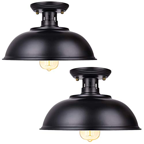 Vintage Rustic Semi Flush Mount Ceiling Light, Farmhouse Black Ceiling Light Fixture E26 Base, Industrial Ceiling Lights for Hallway Stairway Foyer Kitchen Porch Entryway (2 Pack)